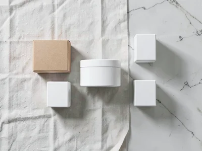 Overhead flat-lay cosmetic packaging set on linen