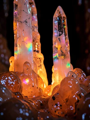 Cave formation: stalactite and stalagmite meeting, flowstone ripples, warm cave 