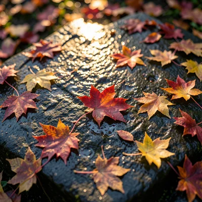 Autumn leaves scattered on wet dark stone, reds and golds, overhead view