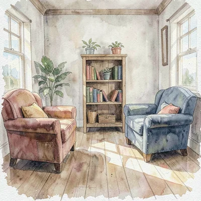 Atmospheric watercolor of a shelter common room with mismatched armchairs and a