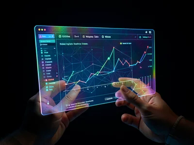 Holographic data dashboard floating in mid-air, hands interacting with charts, d