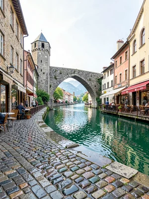 Wet cobblestones toward bridge tower