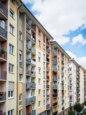 Apartment building facades repeating into distance