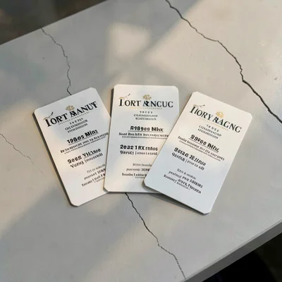 Three identification cards fanned on a pale ash desk with hairline shadow