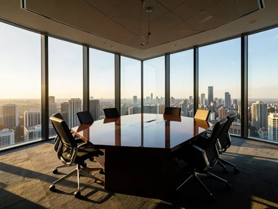Empty boardroom with a long polished table and floor-to-ceiling city views