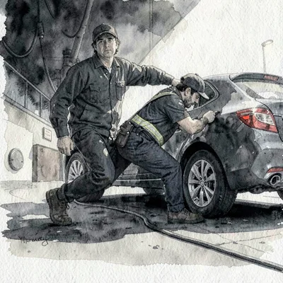 Photo of a mechanic sliding out from under a car on a creeper, low-key dramatic