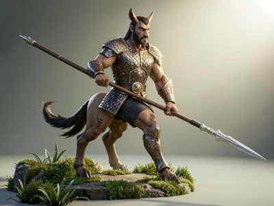 Mid-stride centaur warrior in lamellar chest-plate over earthen flank, longspear