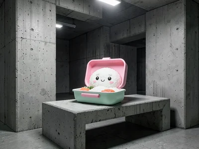 Cute bento box open on concrete bench, rice face design, brutalist architecture 