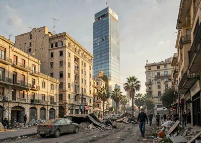 Mediterranean hard light on Beirut's wounded elegance, new glass tower reflectin