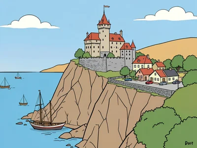 Clifftop castle over village