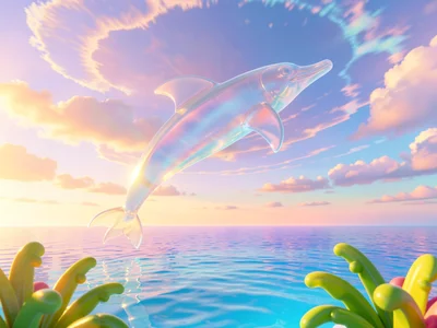 Translucent dolphin sculpture leaping high above a gradient ocean-to-sky horizon