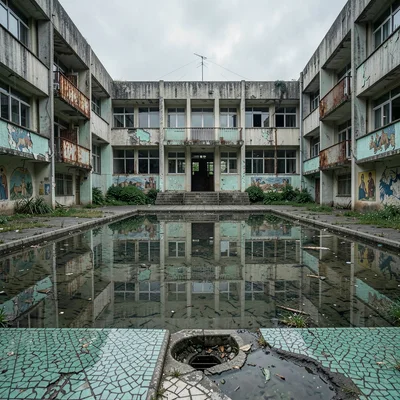 Sanatorium Facade Reflected in Drained Pool Puddle