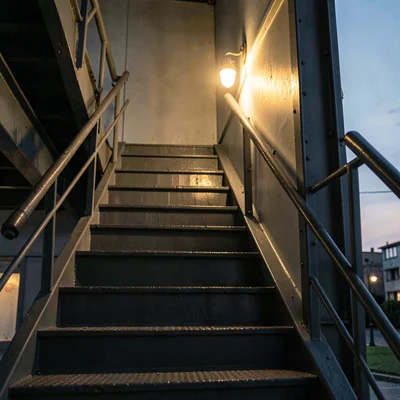 Vertical atmospheric story of a tall industrial-style stair lit by a single scon