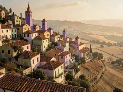 Long-shadow golden-hour panorama of a ridge town, every tower casting violet sha