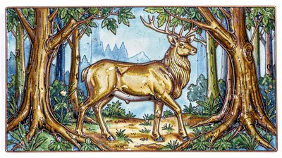 Cloisonné enamel illustration, stag in forest , copper wire outlines, glass enam