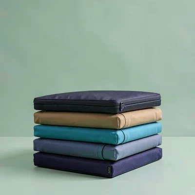 Vertical color-block layout of a stack of folded laptop bags on sage green seaml