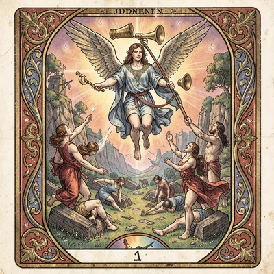 Tarot card illustration, Judgement angel with trumpet, figures rising from grave