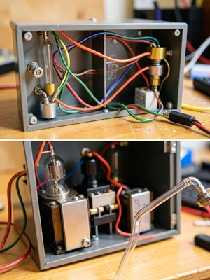 The inside of a transformer box — wiring and terminals in close detail