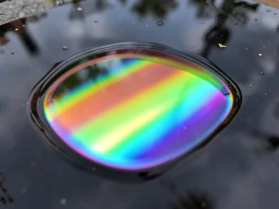 Thin oil film on still dark water, single large patch showing complete first-ord