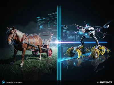Farm — left half horse-drawn plow, right half drone and robot harvesters