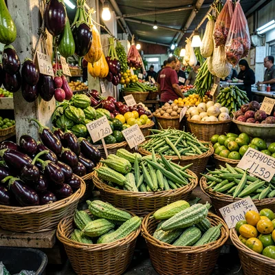 Densely layered composition, rich saturated colors, Vegetable stall with eggplan