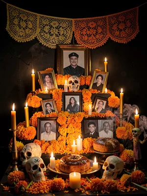 Full multi-tiered ofrenda with marigold and candlelight