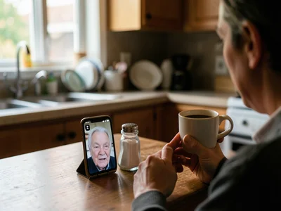 A person FaceTiming a parent at a kitchen table, the phone propped against a sal