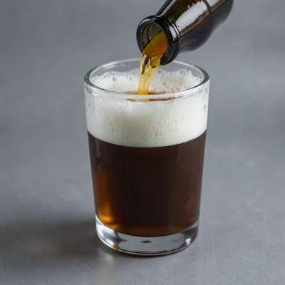 Half-pour into a stout tumbler with foam cresting the rim, soft directional stud
