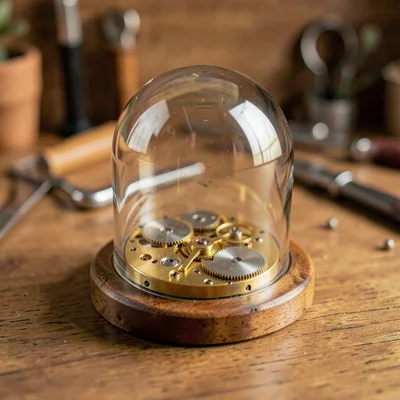 Soft warm tabletop of a watch movement under a glass dome on warm walnut, gentle