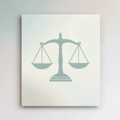 Card with a balance scale silhouette in sage on cream, no text