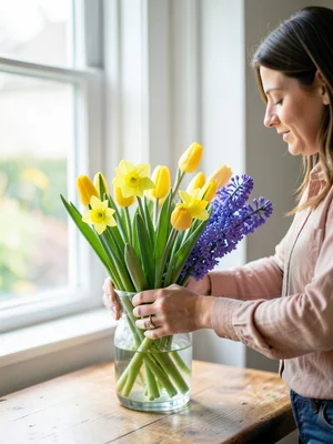 Person arranging spring flowers — tulips, daffodils, hyacinths — in a vase, brig