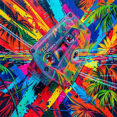 Cassette tape unspooling into digital data stream, glitch art, retro-digital hyb