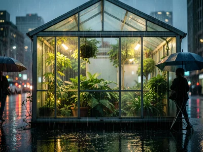 A greenhouse from outside during a downpour, rain streaming down the glass, the 
