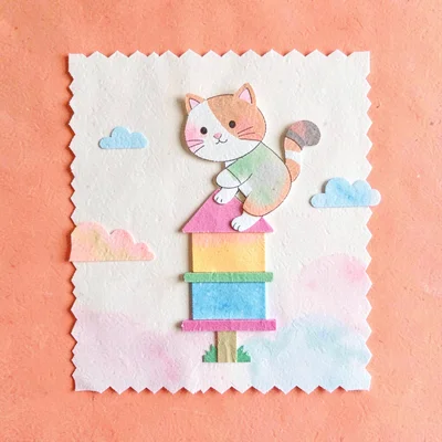 Cut-paper character of a cat climbing a colorful play-tower, cheerful coral back