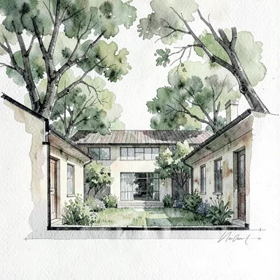 Watercolor wash of a courtyard cross-section, garden behind the building rendere