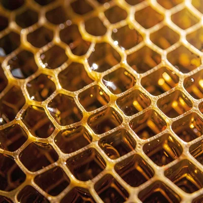 Macro mineral-cut texture of golden honeycomb cells filled with honey, raking li