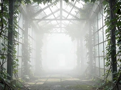 Glasshouse interior overrun with vine, panes broken and admitting fog, far end o