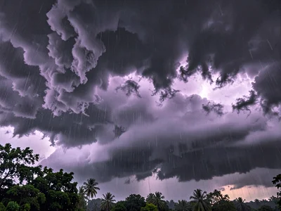 Purple-gray storm clouds low and threatening
