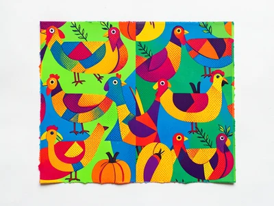 Memphis-style thanksgiving pattern with geometric turkeys and pumpkins, bold