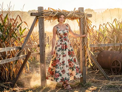Oscar de la Renta floral dress on scarecrow frame, cornfield golden hour