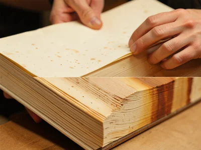 Hands folding signatures of cream paper for bookbinding, bone folder creasing