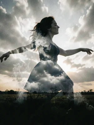 Dancer merged with smoke, her movement becoming weather