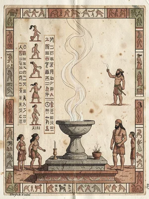 Copal incense burning in stone brazier — smoke curling upward, altar setting
