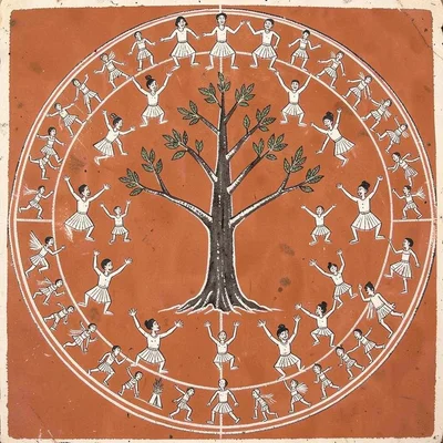 Rain ceremony circle — figures around central tree with raised arms