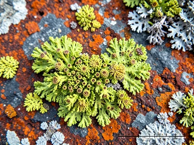 Lichen on rusted metal, bright chartreuse thallus against orange iron oxide, bio