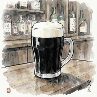 A pint of stout on a bar counter painted in sumi ink and watercolor, the creamy 