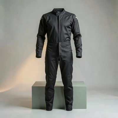 Centered catalog hero of a single black racing suit on a sage-green block, soft 