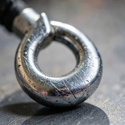 Macro of a heavy steel tow hook with raking light catching the curve, scratched