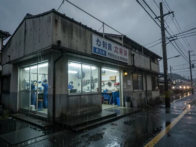 Auto repair shop at night