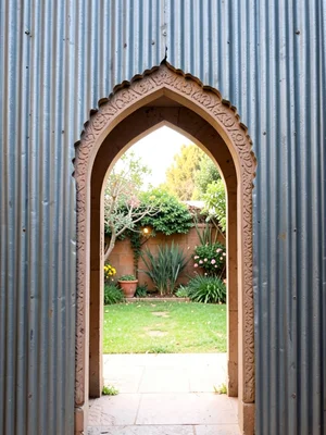 Moroccan arch doorway cut into corrugated metal wall, garden visible beyond